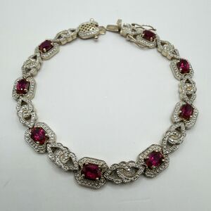 925 Sterling Silver Ruby Red CZ Halo Link Tennis Bracelet 8" 15.4g